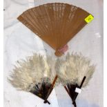 2 small Ostrich feather fans with simulated tortoise shell sticks; a Chinese pierced sandalwood