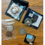 GB QV double florin 1890, a crown 1887, 2 Canada 1939 Coronation medals, a Gibraltar silver proof $1