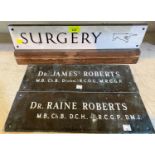 A Doctor's Surgery sign, 2 bronze plaques and another