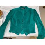 A JEAN MUIR green suede jacket, a JEAN MUIR broad weave skirt