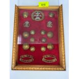 PRINCE OF WALES South Lancs Regiment cap badge, lapel badges, buttons etc framed