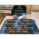 2 metal signs relating to Staleybridge - "Huddersfield Narrow Canal" & "Tom Pendry Square"