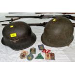 WWII Nazi Luftwaffe helmet with Eagle & Swastika motif, WWII American steel helmet, various cloth