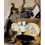 A selection of metal ware including china pieces