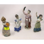 Lladro figure of bull fighter; 2 x Lladro Flamenco dancing girls; Lladro girl with oranges