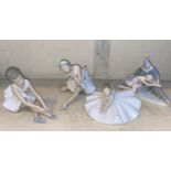 A Lladro ballerina stretching; a Nao similar, a group of 2 ballet dancers and a child ballerina