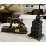 A vintage Tower Bank Money box and a reproduction mule kick money box