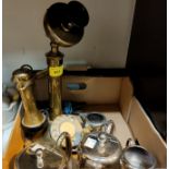 An early 20th century brass stick telephone & 4 piece silver plate tea set