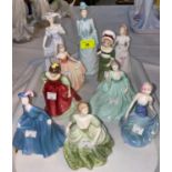 2 small Royal Doulton figures - Ruth HN2799; Fair Maiden HN2434; 8 small Coalport ladies