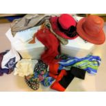 A fashionable hat in Harvey Nichols box, another and a quantity of scarves
