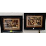 A pair of early 20th century wax relief plaques depicting interior scenes, framed and glazed; a pair