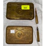 Two Xmas 1914 Princess Mary brass tins one with greeting card (each with bullet pencil)