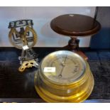 A brass ships barometer; a pair of 19th century brass scales & a miniature pedestal table