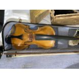 A German Stainer pattern violin, two piece back, 35.7cm back with bow, cased