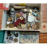 A collection of coins, badges and medallions including pit tokens, masonic, silver etc