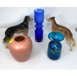 A Medina glass vase; a Whitefriars style vase & a Poole pottery vase; 2 ceramic dogs