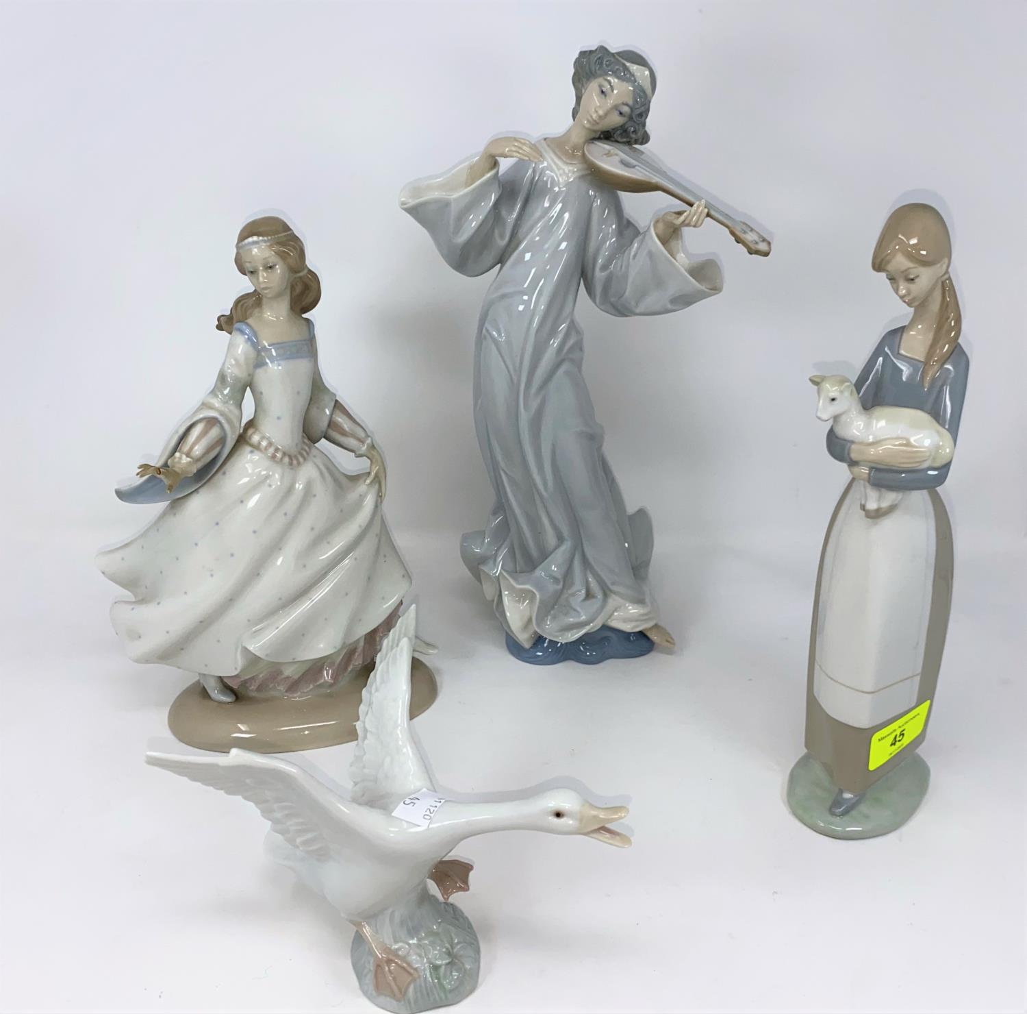 Lladro figure playing Lute; Cinderella; a Goose & a girl with sheep