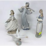 Lladro figure playing Lute; Cinderella; a Goose & a girl with sheep