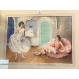 A watercolour: 2 ballet dancers; an oil: landscape scene; another picture
