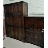 An oak period style double wardrobe with carved linenfold panel doors, 120 cm; a tallboy