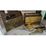 Two brass magazine racks; 2 pairs of bellows