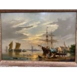 Barbara Goodrun Sibbons: Dutch scene with moored sailing ships and boats.oil on board, signed,