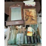 A hall mirror with glove box; various old bottles; Hillstonia jugs; etc.