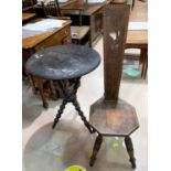 A late Victorian bobbin turned tripod table; a spinning chair with pokerwork decoration