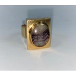 A heavy modern 9 carat hallmarked gold rectangular ring set with oval Blue John, size O, 10.7gm
