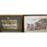 Richard H Fawkes: "Cottages by the Shore", watercolour, signed, framed and glazed; a signed print of