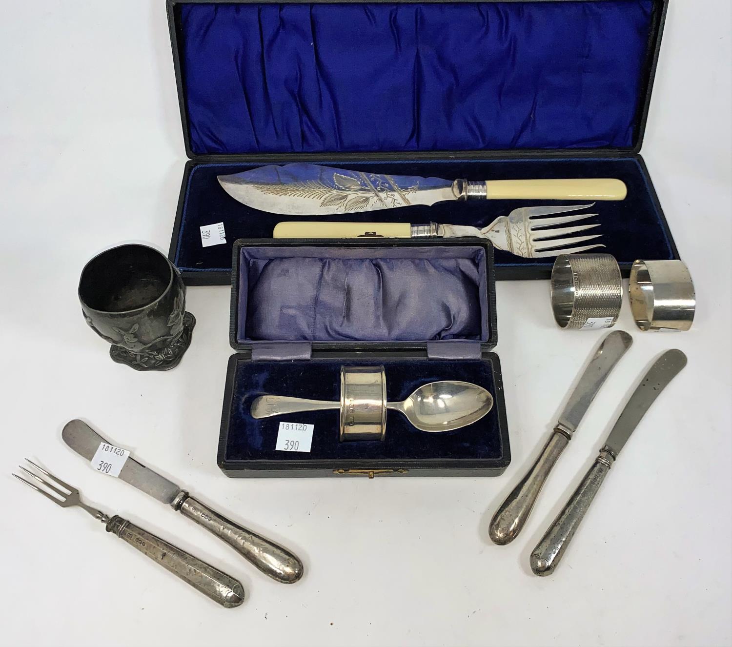 A hallmarked silver christening spoon and napkin ring; 2 silver napkin rings; a set of silver plated