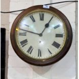 A 19th century wall clock in mahogany case with circular dial and timepiece movement, diameter 41 cm