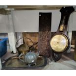 An aneroid barometer; a brass jam pan; another pan; an EPNS tray; etc.