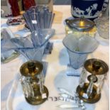 A 1930's pottery biscuit barrel; 3 blue glass vase; a pair of brass candlesticks with cut glass