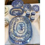 A large willow pattern meat plate; other blue & white war; 3 small Cornish Kitchen storage jars by T