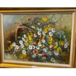 20th Century Continental: Flowers in n upturned basket, oil on canvas, signed indistinctly