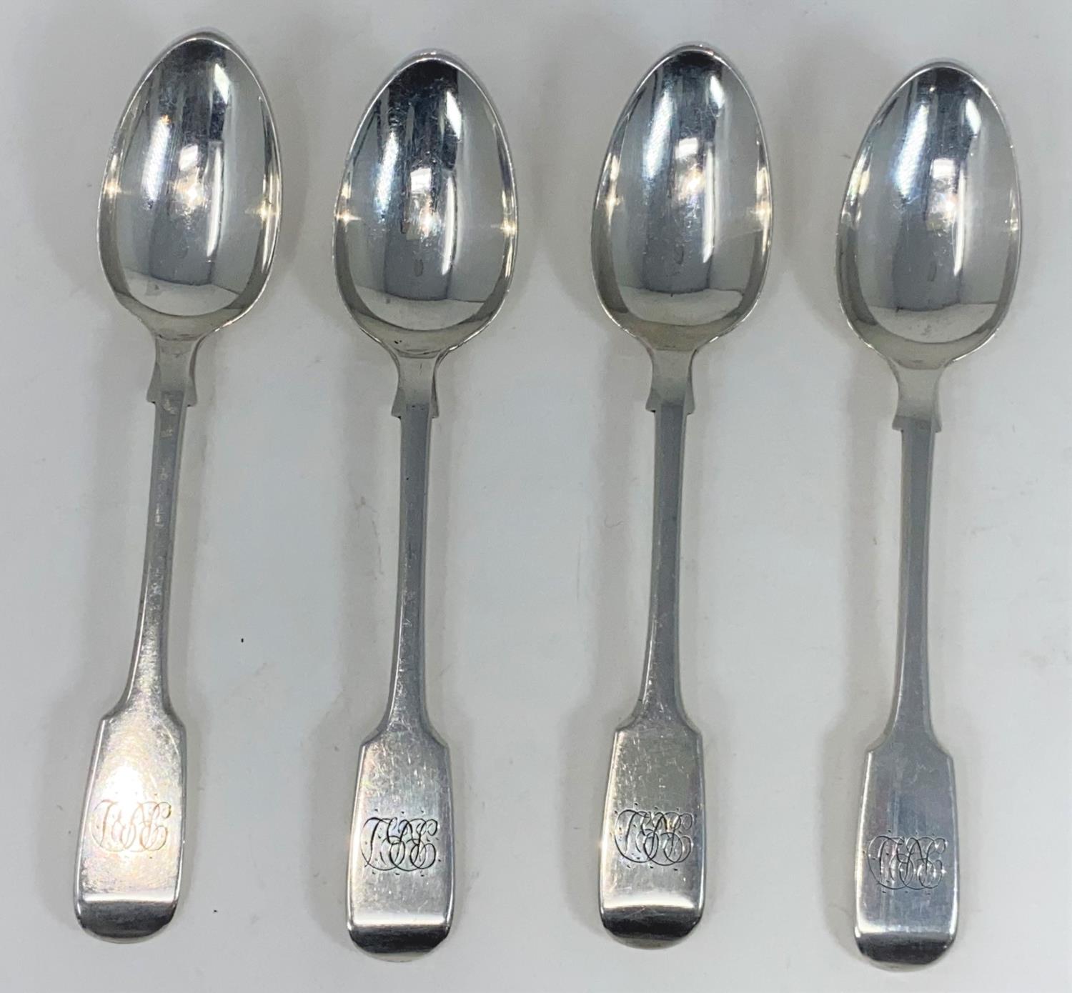 A set of 4 monogrammed fiddle patterned teaspoons, Dublin 1877