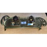 An Art Nouveau brass 2 bottle inkstand