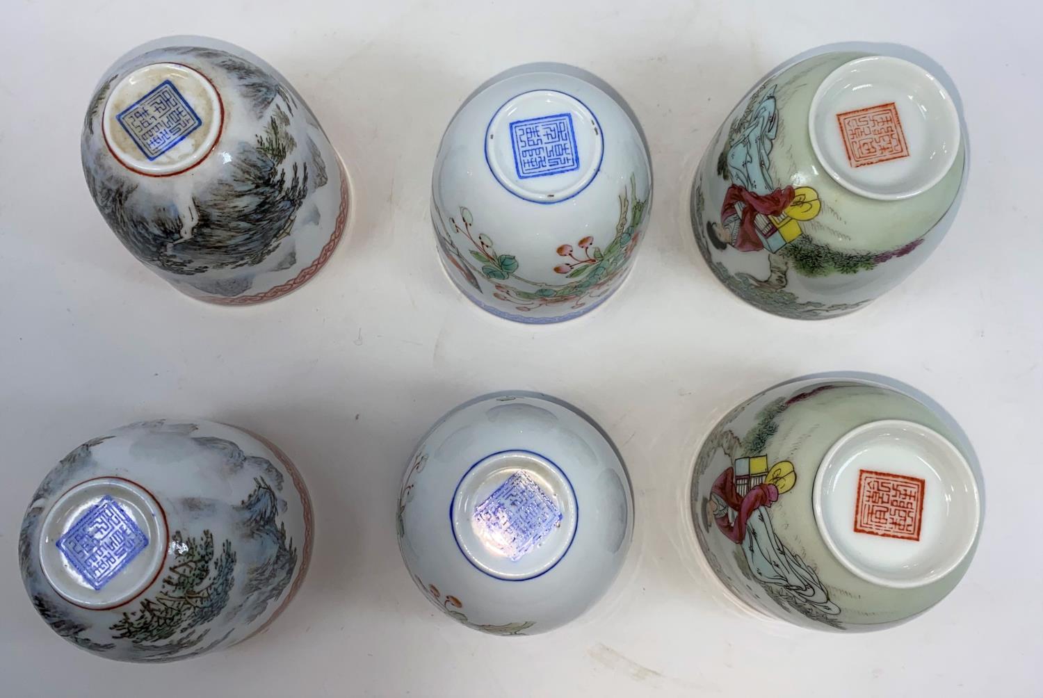 Three pairs of Chinese fine porcelain bowls with traditional scenes, - Image 4 of 4