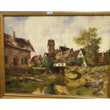 Kraimer: Rural river landscape with bridge and buildings, oil on canvas, signed indistinctly, 60 x