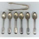 A set of monogrammed fiddle patterned hallmarked silver teaspoons and tongs, Exeter 1860 S 0.25oz