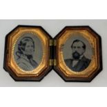 Mid Victorian tintype husband and wife photos in hinged embossed composition frame
