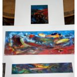David Wilde: "Anglesey Beach" oil on card abstract scenery, mounted, unframed 20cm x 58cm, 2 other
