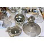 Three Victorian ceiling protectors in bell shaped glass; 2 similar items 2 silvered balls; an
