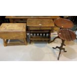 A reproduction oak occasional table/magazine rack and drop leaf occasional table; 2 wine tables; a