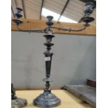 A large silver plated candelabrum of 3 branches; an "Army & Navy" copper heated tray; cutlery;
