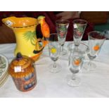 An Art Deco Burleighware jug with parrot handle; a Shorter & Sons preserve pot; 5 trade branded