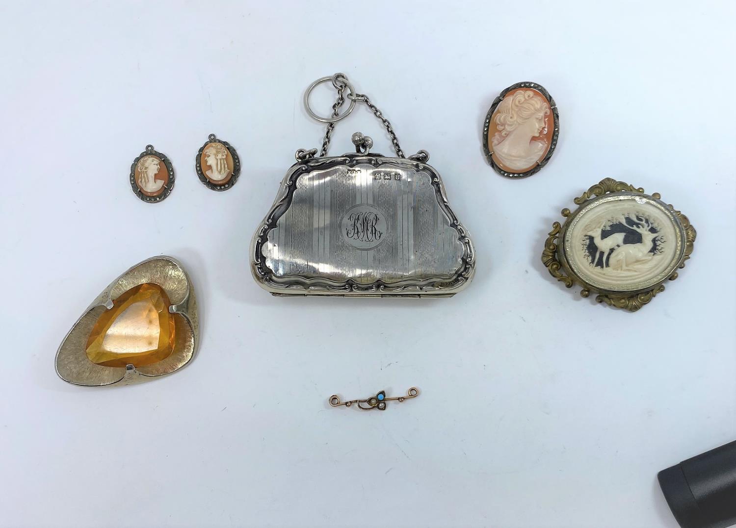 A hallmarked silver evening purse; a cameo brooch and earrings; etc.