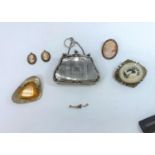 A hallmarked silver evening purse; a cameo brooch and earrings; etc.