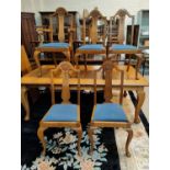 A set of arch top golden oak dining chairs with carved splats, drop in seats in blue. on cabriole